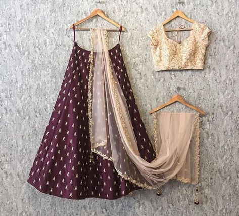 Beautiful Silk Lehenga with Hand Embroidered blouse and net dupatta. Lehanga Colours Combination, Wine Colour Lehenga Color Combos, Modern Lehangas, Lengha Designs, Indian Crop Tops, Lehenga For Engagement, Indian Skirts, Floral Skirt Outfits, Combination Dresses