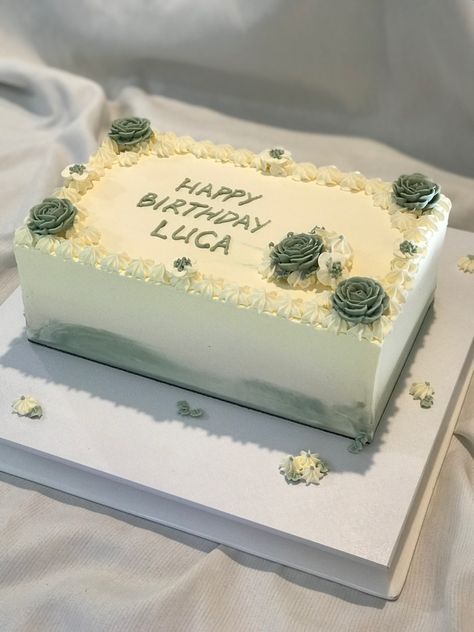 Squared Birthday Cakes, Square Bday Cake, Sage Green Sheet Cake, Rectangle Graduation Cake, Square Cake Designs Simple, Rectangle Birthday Cake Ideas, Half Sheet Cake Decoration, Cake Designs Square, Square Shape Cake Designs