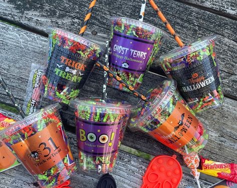 Halloween Classroom Favor Halloween Party Classroom Treats - Etsy Halloween Candy Cup Ideas, Halloween Party Classroom, Cheer Snacks, Candy Cups, Boo Baskets, School Giveaways, Cute Halloween Decorations, Halloween Classroom, Classroom Treats