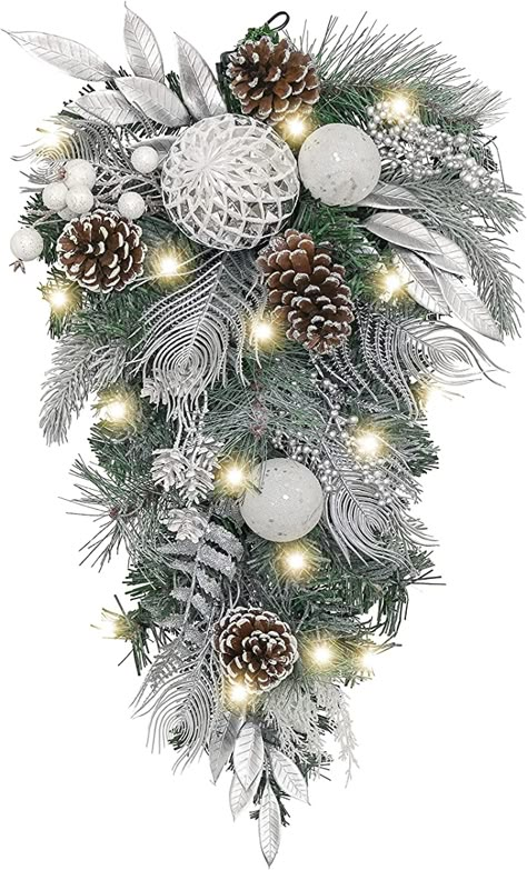 White Christmas Window Decor, White Christmas Theme, Silver Bells Christmas, Black Christmas Decorations, Teardrop Swag, Silver Christmas Decorations, Christmas Garlands, Winter Wreaths, Floral Greenery