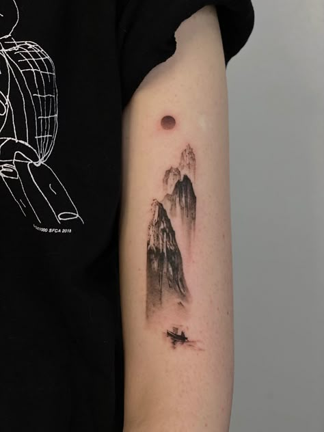 Misty Mountain Tattoo, Chinese Mountain Tattoo, Hawaiian Mountain Tattoo, Asian Landscape Tattoo, Asian Mountain Tattoo, Mountainscape Tattoo, Mountain Tattoo Back, Japanese Mountain Tattoo, Tattoo Mountains