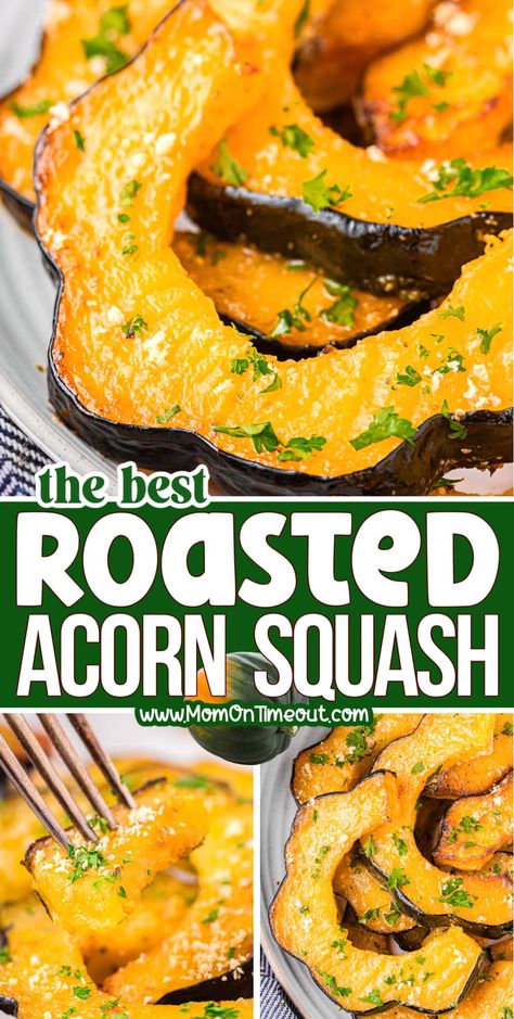 This delicious Roasted Acorn Squash recipe is a fall favorite with its rich, nutty flavor and caramelized edges. Tender, melt-in-your-mouth squash has a delightful flavor and is perfect for serving as a side dish, adding to soup or salad, or even using as a filling. Quick and easy to prepare, this seasonal favorite brings natural sweetness to the table. | MomOnTimeout.com Roasted Acorn Squash Recipes, Acorn Squash Roasted, Acorn Squash Recipe, Roasted Acorn Squash, Eating Bird Food, Acorn Squash Recipes, Squash Recipe, Acorn Squash, Vegetable Side