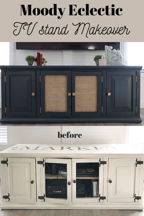 Moody Eclectic TV Stand Makeover with Cane Webbing Refurbish Tv Stand, Paint Tv Stand Diy, Eclectic Tv Stand, Tv Stand Upcycle, Stand Decoration Ideas, Moody Eclectic, Refurbish Ideas, Painted Tv Stand, Tv Stand Makeover