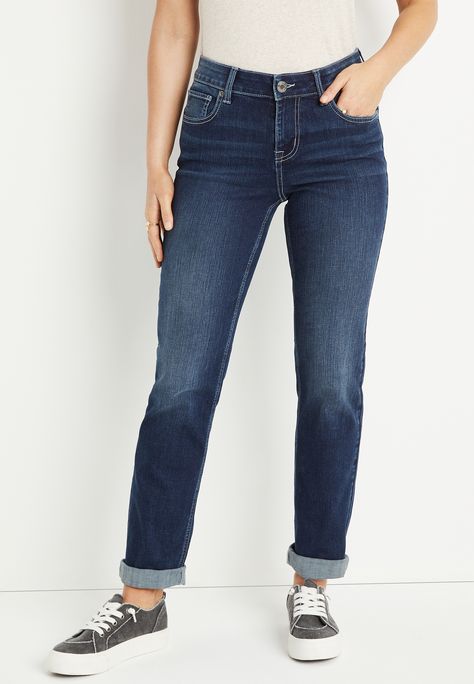 The Everyday Amazing Jean In A Hardworking Comfy Stretch Fabric. Flattering Fits And A Need-Now Price Make These Our Most Popular Jeans Ever. Complete All Of Your To-Dos And Run All Of Your Errands While Wearing These Jeans That Work With You Not Against You.straight: Laid Back And Straight From Knee To Ankle - Dark Sandblasted Wash - All Pockets Are Functional - Button And Zipper Closure - Finished Hem - Model Is 5' 10" And Wearing A Size 4 Regular Popular Jeans, Womens Fashions, Stretchy Jeans, Jeans Material, M Jeans, Womens Jeans, Modern Dress, List Style, Designer Jeans