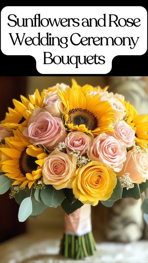 A sunflower and rose bouquet featuring vibrant yellow sunflowers and soft blush roses, perfect for an outdoor or garden wedding ceremony. Sunflower And Rose Wedding, Flowers In August, Roses And Sunflowers, Rose Wedding Theme, Wedding Bouquets Ideas, Rustic Arrangements, Sunflowers And Roses, Sunflower Wedding Bouquet, Bouquets Ideas