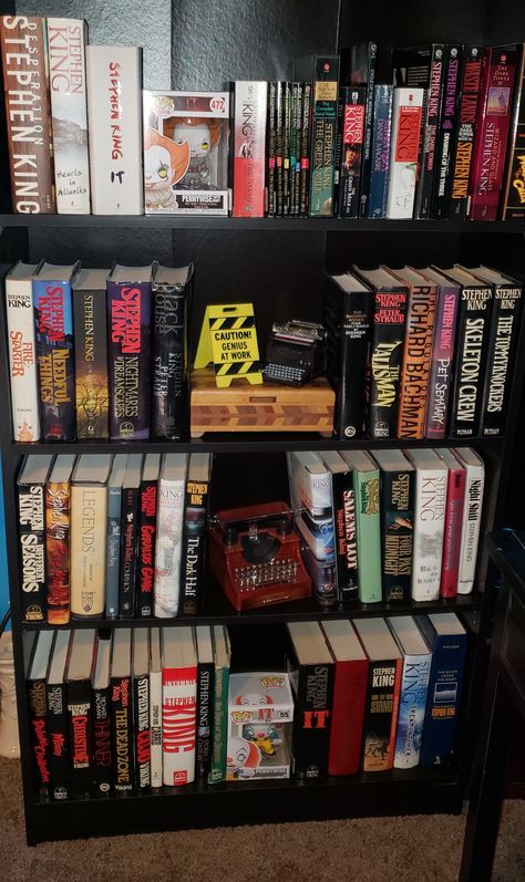 Stephen King Books Collection, Dark Bookshelves Aesthetic, Stephen King Bookshelf, Stephen King Book Collection, Stephen King Collection, Nerdy Bookshelf, Stephen King Books Aesthetic, All Stephen King Books, Stephen King Aesthetic