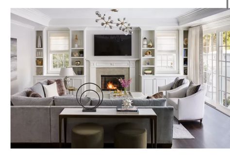 Timeless Living Room, Transitional Design Style, Rectangular Living Rooms, Transitional Interior Design, Furnitur Ruang Keluarga, Grey Sectional Sofa, Transitional Living, Transitional Living Rooms, Transitional House