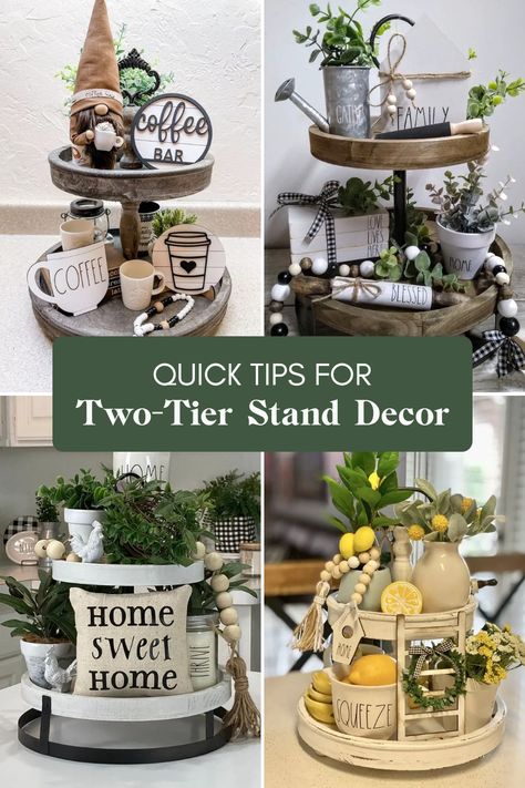 Looking for creative ways to spruce up a two-tier stand? This helpful guide covers simple and fun tiered-tray decorating ideas that will impress your guests. From seasonal themes to everyday styles, learn how to arrange decor, flowers, and treats across the two levels for a delightful centerpiece. Discover easy tips to choose the right colors and objects that complement each other. Get ready to transform any ordinary tray into a decorative must-see that brings joy to any gathering or special occasion! Centerpiece For Round Table, Tray Decoration Ideas, Family Bar, Tray Styling, Simple Centerpieces, Decor Flowers, Tiered Stand, Cute Signs, Brings Joy