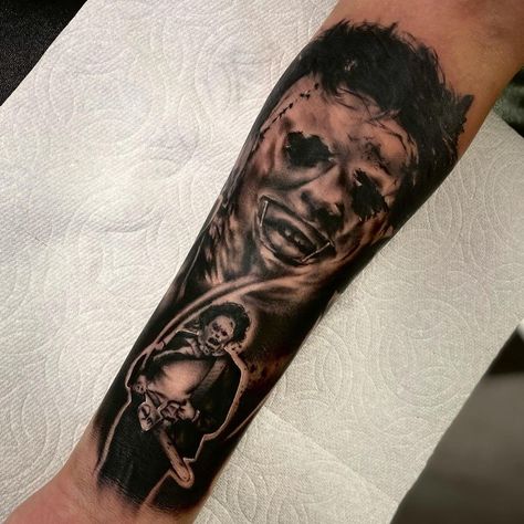 Texas Chainsaw Mascara Tattoo, Leather Face Tattoo, Texas Chainsaw Tattoo, Leatherface Tattoo, Horror Tattoo Sleeve, Terrifier Tattoo, Movie Character Tattoos, Slipknot Tattoo, Horror Sleeve