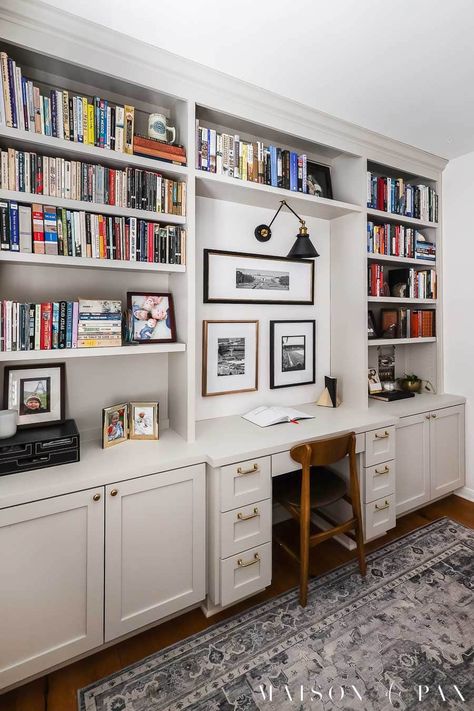 Inbuilt Bookshelves And Desk, Shelf And Desk Combo, Built In Desk With Shelves Above, Wall Bookshelves With Desk, Built In Shelf With Desk, Book Shelves With Hidden Desk, Desk Integrated Bookshelf, Corner Bookcase With Desk, Small Library Room Ideas With Desk