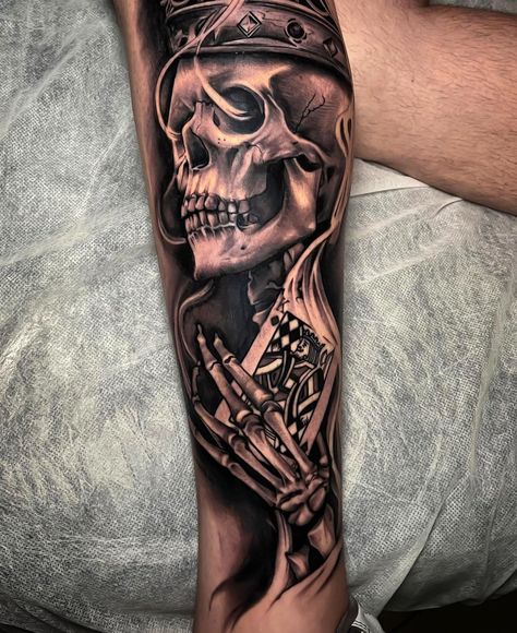 Skull Sleeves For Men, Mens Skull Tattoo Sleeve, Skull Playing Cards Tattoo, Skull Calf Tattoo Men, Men’s Skull Tattoos, Borracho Tattoo, Skull Arm Tattoo Men, Big Skull Tattoo, Skull Sleeve Tattoos For Guys