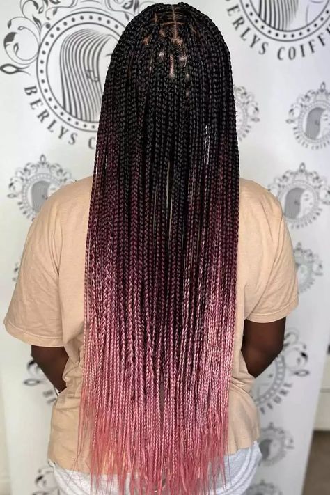 Pink Ombre on Braided Hair #braids #boxbraids #pinkombrehair Box Braids With Color At The End, Box Braids Pink Highlights, Goddess Braids With Color Pink, Black And Pink Ombre Braids, Pink Ombre Braids Black Women, Light Pink And Black Braids, Braids With Ombre Color, Pink Ombré Braids, Ombre Pink Braids