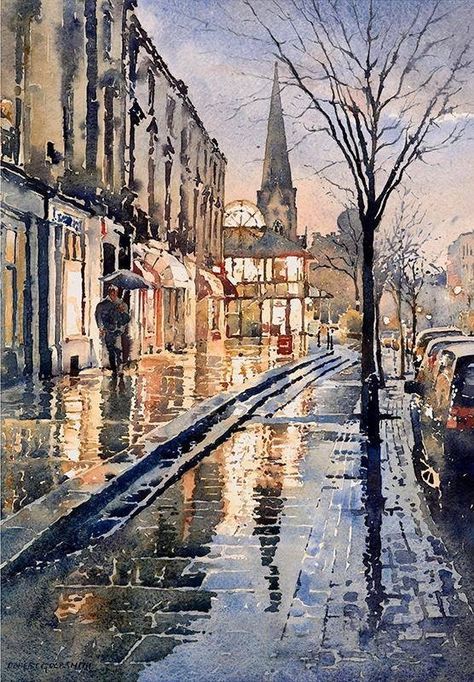 Rain Watercolor, Rainy Street, Montpellier France, Building Painting, Watercolor Architecture, People Walking, 수채화 그림, Fine Artist, Urban Sketching