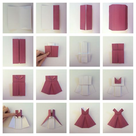 Simple tutorial on how to fold an origami dress Origami Dress Tutorial, Origami Dresses, Diy Origami Home, Diy Origami Home Decor, Paper Dress Patterns, Origami Home Decor, Origami Star Box, Tutorial Origami, Origami Ball