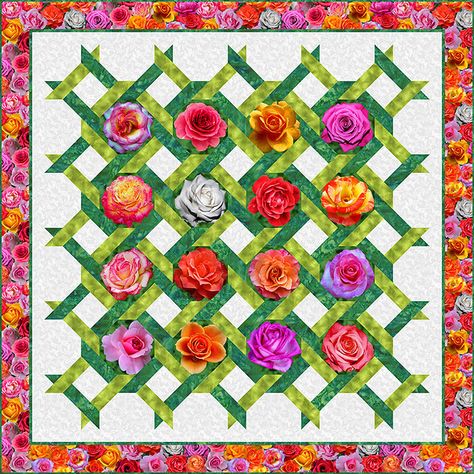 Free Pattern - Rose Trellis - eQuilter BlogeQuilter Blog Trellis Quilt Pattern, Rose Quilt Block, Roses Quilt, Lattice Quilt, Rose Trellis, Quilt Pattern Download, Rose Quilt, Flower Quilts, Plaid Quilt