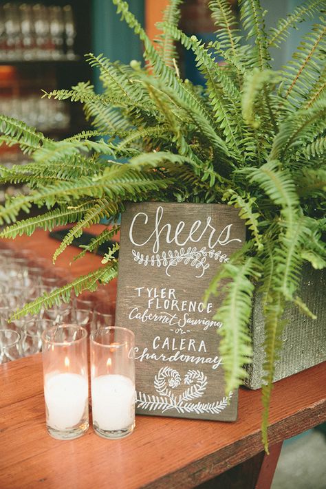 Calligraphy Bar Sign | onelove photography | Modern Metallic Botanical Wedding in Emerald and Bronze Fern Wedding Decor, Fern Wedding, Wedding Tips And Tricks, Botanical Gardens Wedding, Modern Botanical, Wedding Ceremony Ideas, Mod Wedding, Botanical Wedding, Wedding Table Centerpieces