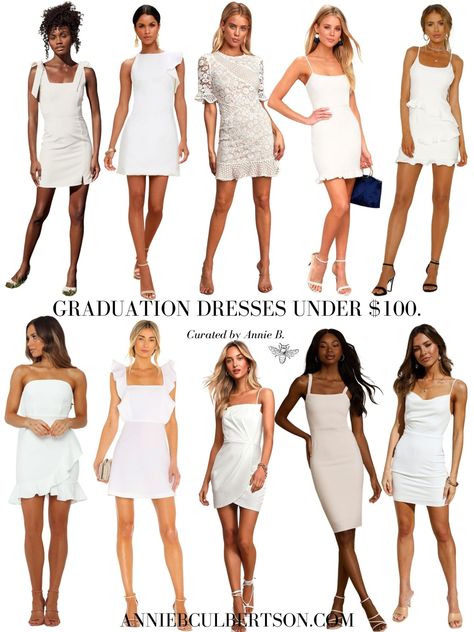 Graduation Dress Under Cap And Gown, Graduation Dress Cap And Gown, Graduation Dress With Cap And Gown, Dresses To Wear Under Graduation Gown, White Graduation Dress High School, White Dress Graduation, Best Graduation Dresses, White Graduation Dresses, Graduation Dress High School