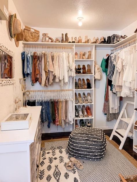 In Closet Organization, Small Closet With High Ceiling, Small Dressing Room Storage Ideas, Cheap Dressing Room Ideas, Upgrading Builder Grade Closet, Boho Walk In Closet Ideas, Big Closet With Vanity, Industrial Walk In Closet Ideas, Converting Spare Bedroom Into Closet