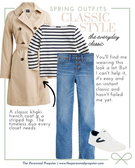 Navy And White Outfits For Women, Tretorn Sneakers Outfit, White Striped Shirt Outfit, Tretorn Sneakers, Classic Preppy Style, Khaki Trench, Khaki Trench Coat, Blue Striped Blouse, Classic Coastal