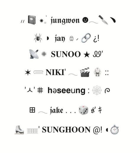 Enhypen Nicknames, Enhypen Nickname Ideas, Enhypen Bio Ideas, Matching Bios, Nick Names, Cute Emoji Combinations, Cool Text Symbols, Korean Text, Aesthetic Usernames