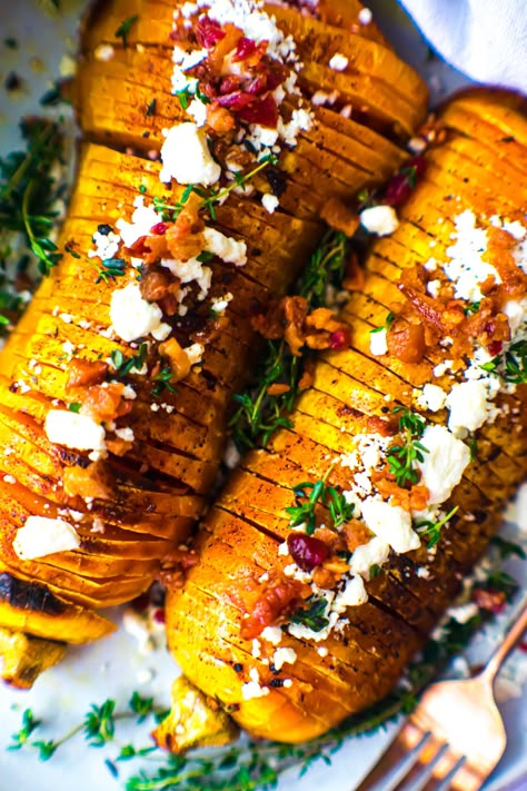 Butternut Squash And Blue Cheese, Hasselback Butternut Squash With Whipped Ricotta, Butternut Squash Steak Recipes, Butternut Squash Recipe Thanksgiving, Hasselback Garlic Maple Butternut Squash, Butternut Squash Recipes Goat Cheese, Loaded Butternut Squash, Butternut Squash Side Recipes, Asparagus And Butternut Squash