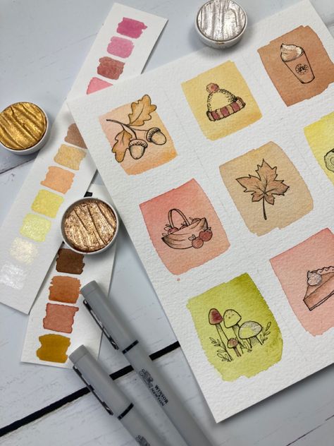 Autumn Doodles Step By Step, Fall Watercolor Cards Ideas, Autumn Watercolor Paintings Easy, Simple Fall Drawings, Autumn Painting Ideas Easy, Autumn Watercolor Paintings, Autumn Sketchbook, Autumn Motivation, Autumn Drawing Ideas