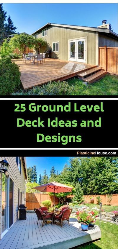 If you need a ground-level deck and don’t know where to begin, here are 25 designs to inspire you Deck Off Of Patio, Small Deck Plans Design, Outside Patio Deck Ideas, Outdoor Patio Inspiration Decks, Deck Level With Ground, Decks For Small Houses, Ground Decks Backyard, Backyard One Level Decks, Floating Ground Level Deck