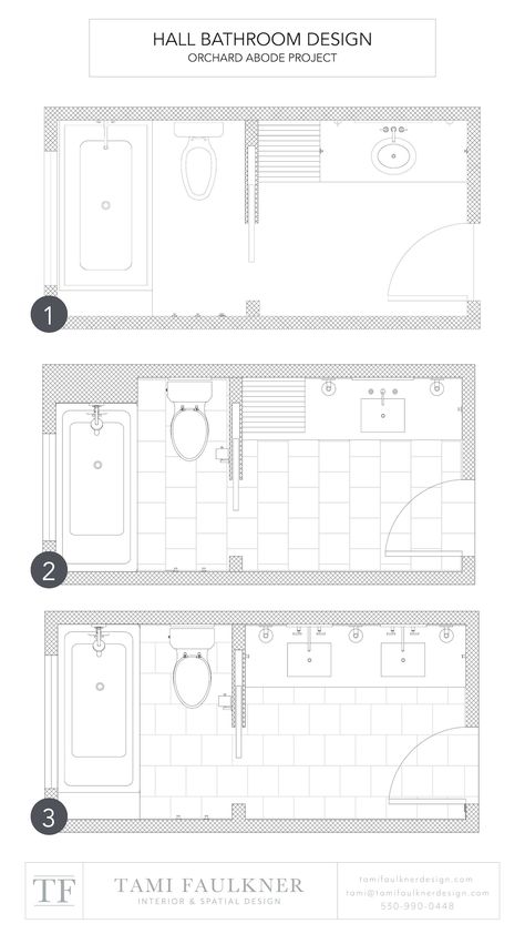 THE FUNDAMENTALS OF DESIGNING HALL BATHROOM LAYOUTS AND FLOOR PLANS — Tami Faulkner Design Bathroom With 2 Entrances Floor Plans, Shower Only Bathroom Layout, Five Piece Bathroom Layout, Double Vanity Bathroom Layout Floor Plans, Bathroom With Toilet Closet Floor Plans, Small Long Bathroom Ideas Layout, Bunk Room Bathroom Ideas, Shared Bathroom Design, Interior Plans Layout