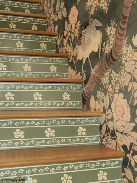 Stenciled Stairs, Painted Stair Risers, Foyer Stairs, Wallpaper Stairs, Painted Staircases, Basement Remodel Diy, Southern Living Homes, Painted Stairs, Space Painting