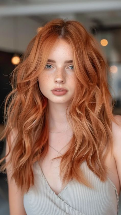 Person with long, wavy red hair and freckles looking at the camera in a softly lit setting. Ginger Blonde Hair Balayage, Blonde Hair With Dark Red Highlights, Brunette With Blonde And Red, Blonde Highlights And Layers, Blonde Hair With Strawberry Highlights, Ginger Hair With Blonde, Ginger Hair With Blonde Highlights, Highlights And Layers, Blonde To Copper