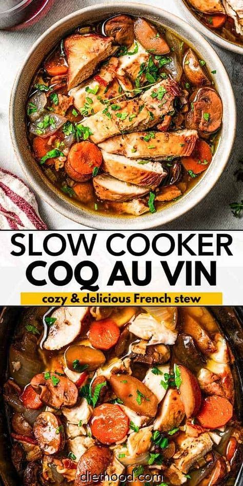 Slow cooker coq au vin is a cozy, stewy French-inspired recipe with chicken braised in a red wine gravy with bacon, mushrooms, and herbs. #slowcooker #coqauvin #cozydinner Red Cooking Wine Recipes, Red Wine Chicken Recipes, Coq Au Vin Slow Cooker, Slow Cooker Coq Au Vin, Cooking Wine Recipes, Cooler Recipes, Diethood Recipes, French Chicken Recipes, Crockpot Chicken Dinners