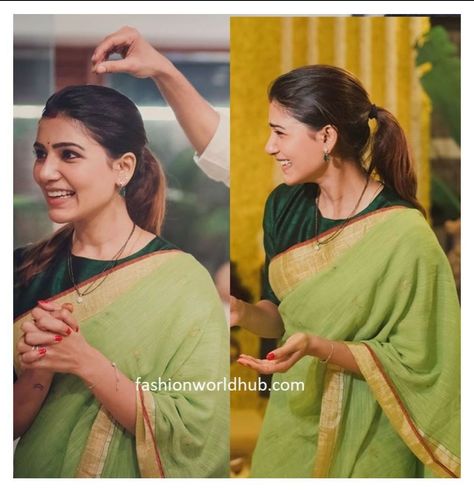 Samantha looks elegant in Green linen Saree with bottle green Blouse Green Sari With Contrast Blouse, Bottle Green Combination Outfit Indian, Green Blouse Saree Combination, Mehandi Green Saree Contrast Blouse, Light Green Saree With Contrast Blouse, Bottle Green Saree Contrast Blouse, Pista Green Saree Contrast Blouse, Bottle Green Blouse Designs, Bottle Green Combination