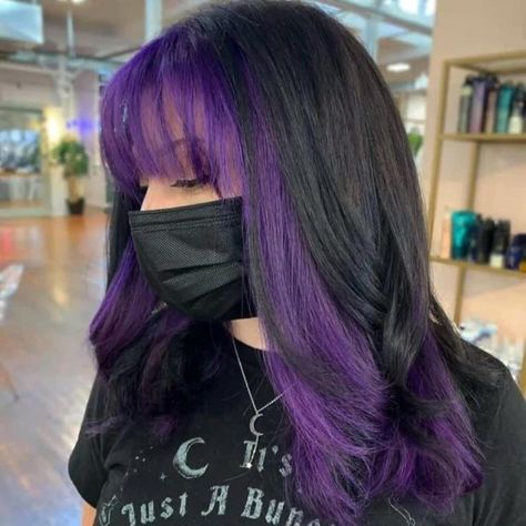 Purple Under Dye Hair, Underhair Dye Purple, Front Piece Of Hair Dyed, Purple Hair Bangs, Purple Skunk Hair, Purple Money Piece Hair, Purple Peekaboo Highlights, Purple Peekaboo Hair, Dyed Bangs