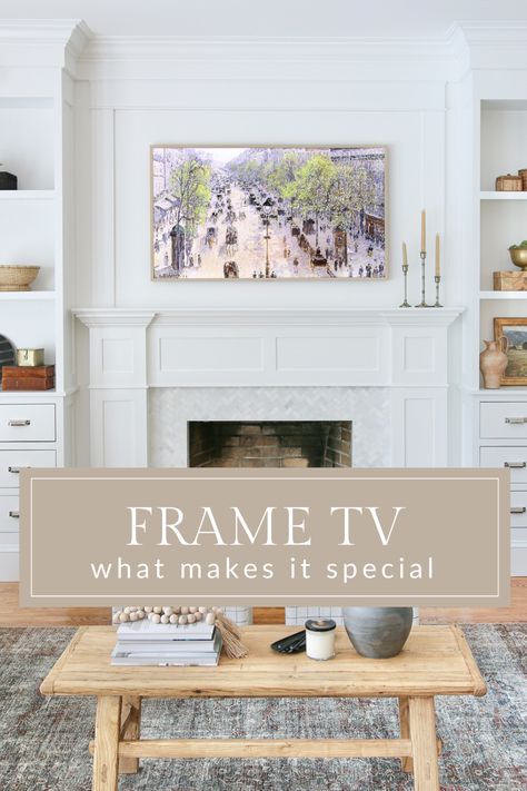 See what makes this TV  unique! How to hang a frame TV and how to hide the wires. Everything you need to know! Tv In A Frame Mounted Tv, Tv Size Above Fireplace, How High To Hang Tv Over Fireplace, What Size Tv Over Fireplace, Framed Tv Over Fireplace, Hanging Tv Ideas, Hanging Tv Ideas Living Room, Frame Tv Over Fireplace, Tv Above Mantle