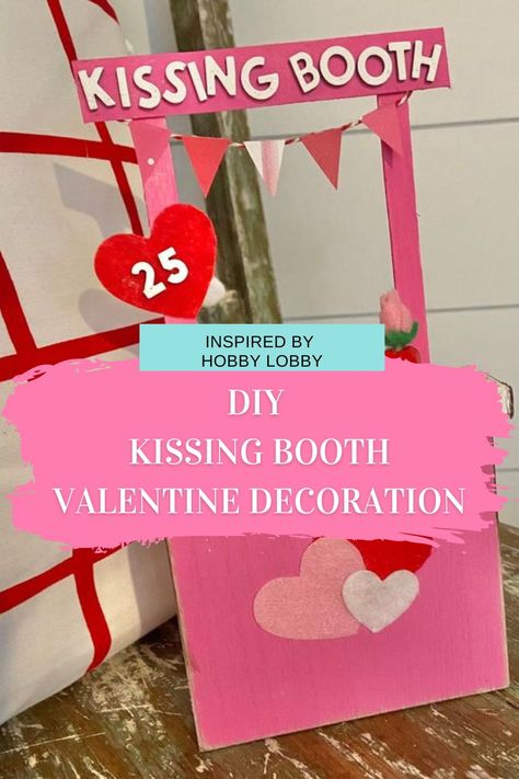 Celebrate the season of love this Valentine's Day with this adorable DIY Kissing Booth! This will add fun and cheer to you home decor and is perfect for a fun Valentines party center piece! Diy Kissing Booth Cardboard, Kissing Booth Diy Valentines Day, Kissing Booth Ideas, Diy Kissing Booth, Valentines Photo Booth, Booth Decoration, Valentines Dance, Hobby Lobby Diy, Booth Diy