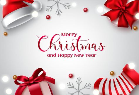 Merry christmas vector background design. Merry christmas and happy new year text in white space with red gifts, santa hat and sack xmas elements for holiday greeting card. Vector illustration Merry Christmas Card Design, Vector Background Design, Free Christmas Backgrounds, Christmas Greetings Card, Christmas Card Images, Happy New Year Text, New Year Text, Merry Christmas Vector, Christmas Background Images