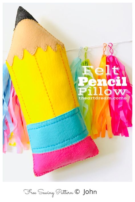 DIY Fabric Pencil Pillow Free Sewing Patterns | Fabric Art DIY Classroom Sewing Projects, Felt Pillows Diy, Back To School Sewing Projects, School Sewing Projects, Pencil Pillow, Fabric Art Diy, Family Library, Library Space, Boho Classroom