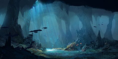 Underwater cave by LLirik-13 Underwater Background, Underwater Caves, Underwater City, Underwater Scene, Underwater Art, Landscape Concept, Landscape Background, Fantasy Setting, Fantasy Places