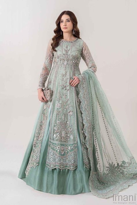 2 Pieces Stitched Aqua Green Embroidered Dress Suit:  Organza Open   Panelled A Line long Shirt , Hand Embellished Boat Neckline, Embroidered Front With Hand Embellishment, Back With Embroidery, Embroidered Sleeves With Hand Embellishment, Scalloped Hem With Pearl Drops, Raw Silk  Sleeveless Undershirt up to waist and then joined with matching Cotton Satin Shirt.  Dupatta Organza Embroidered Dupatta With Pearls & Diamantes Detailing, Four Side Embroidered Border With Pearls Detailing Wash Care:  Dry Clean Only Suit Organza, Green Embroidered Dress, Outfits Muslim, Walima Dress, Nikkah Dress, Trendy Dress Outfits, Embroidered Border, Pakistani Bridal Dresses, Engagement Outfits