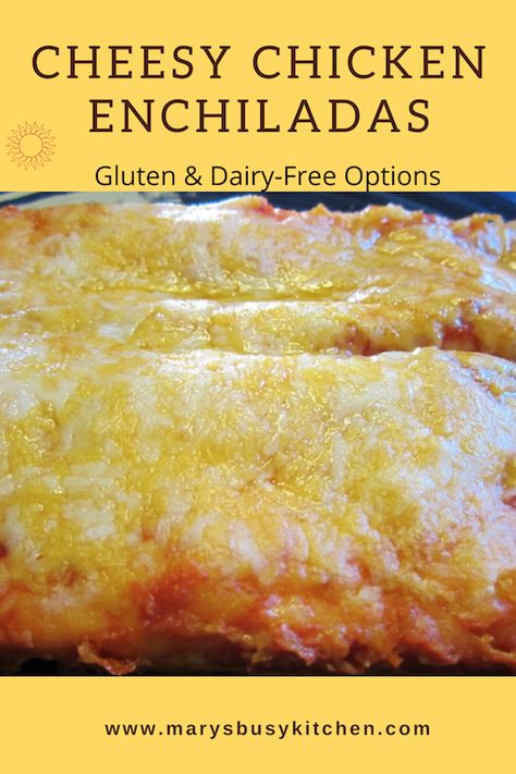 Easy chicken enchiladas with gluten-free and microwave quick fix options Dairy Free Enchiladas, Fibro Diet, Gluten Free Chicken Enchiladas, Easy Chicken Enchiladas, Gluten Free Enchiladas, Spanish Rice Easy, Gluten Free Turkey, Cheesy Enchiladas, Cheesy Chicken Enchiladas