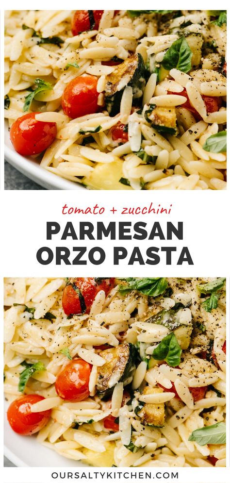 When you want comfort food without all the discomfort, reach for a light but hearty orzo pasta recipe. Creamy parmesan orzo with sautéed zucchini and tomatoes hits all the high notes. A little goes a long way when it comes to orzo (or risoni), and it blends perfect with nearly any sautéed or oven roasted vegetables. Parmesan cheese and pasta water make a creamy pan sauce. You'll love this as a light lunch or side dish. #orzopasta #orzorecipes #italianfood Parmesan Orzo Pasta, Orzo Recipes Healthy, Creamy Parmesan Orzo, Creamy Orzo Recipes, Risoni Recipes, Orzo Recipes Side, Orzo Pasta Recipe, Pasta Recipe Creamy, Orzo Pasta Recipes