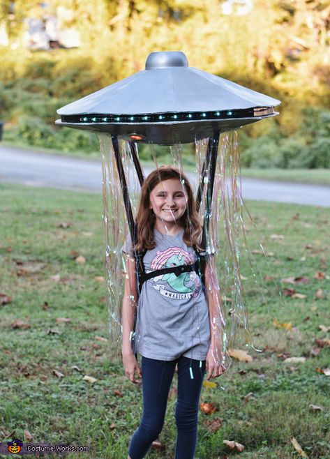 Abducted By Alien Costume, Ufo Costume Diy, Alien Spaceship Costume, Space Costume Diy, Ufo Costume, Alien Abduction Costume, Outer Space Costume, Party Curtain, Lego Bag