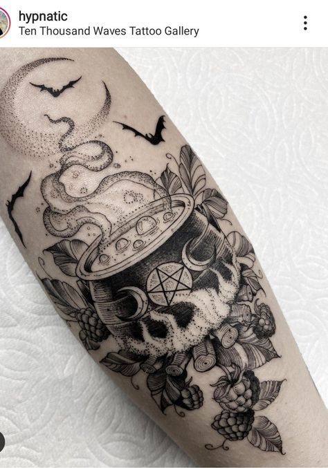 Manifesting Tattoos, Skin Artwork, Baker Tattoo, Wicca Tattoo, Cauldron Witch, Double Double Toil And Trouble, Wiccan Tattoos, Full Tattoo, Armband Tattoos