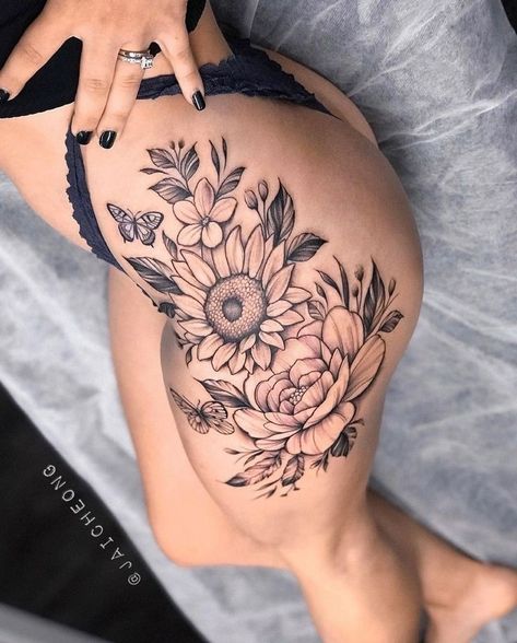 Tattoo Ideas And Meanings, Flower Hip Tattoos, Floral Thigh Tattoos, Hip Thigh Tattoos, Peony Tattoo, Hip Tattoos, Mommy Tattoos, Hip Tattoos Women, Leg Tattoos Women