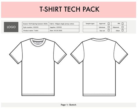 Adobe illustrator Tech Pack Template - Flat technical illustration.  2D Mockup drawing Complete fashion flat T-Shirt Tech Pack for adobe illustrator, photoshop, procreate and other editing software. The template is industry-standard for the textile industry. Perfect for fashion designing and fashion CAD, fashion design templates and working with suppliers. This file includes a complete size-chart and a BOM overview for factory specs. The File is fully editable but a basic knowledge of Illustrato T Shirt Tech Pack, Shirt Tech Pack, Tech Pack Template, Fashion Design Template, Fashion Drawing Sketches, Technical Illustration, T Shirt Design Template, Fashion Designing, Tech Pack