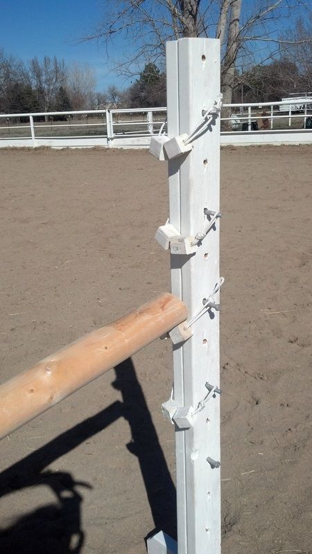 Home Made Jump Cups.  Carriage bolt, wood blocks, rope.  Super cheap and easy! Homemade Jumps Horses, Diy Jump Standards, Homemade Horse Jumps, Diy Horse Jumps, Horse Jumping Exercises, Cross Country Jumps, Horse Jumps, Horse Arena, Diy Horse