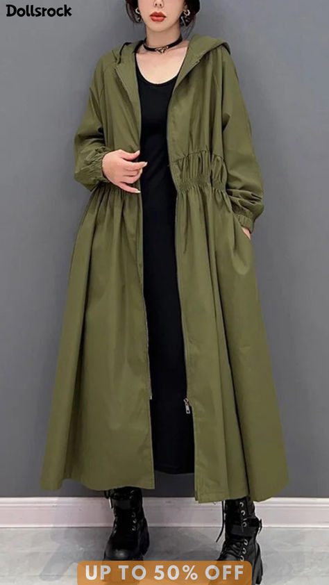 Women Green Zippered Wrinkled Hooded Long Trench Coats Spring Rain Coat Aesthetic, Isabelle Aesthetic, Raincoat Aesthetic, Rain Coats For Women, Long Trench Coat Women, Long Green Jacket, Stylish Raincoats, Trench Coats Women Long, Raincoat Fashion