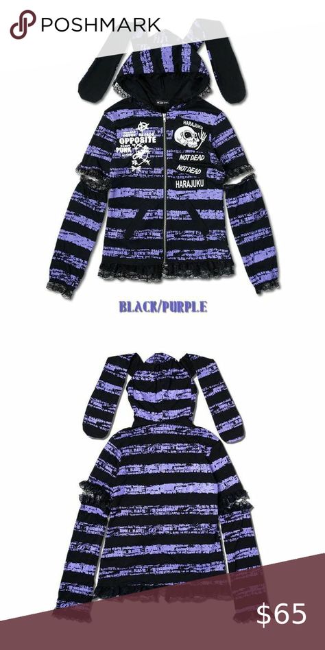 Goth Emo Punk Rave Black Purple Lace Trimmed Bunny Hoodie Size Small Goth Bunny, Rainbow Hoodie, Acdc Rag, Lace Hoodie, Bunny Hoodie, Punk Rave, Emo Goth, Purple Lace, Bunny Ear