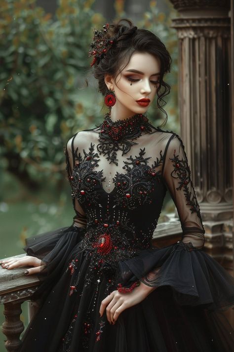 Gothic Cosplay Costumes, Fantasy Black Wedding Dress, Gothic Royalty Aesthetic Dress, Gothic Style Wedding Dress, Vampire Ball Outfit, Black Fairytale Dress, Dark Fantasy Dress, Victorian Vampire Outfit, Vampire Romance Aesthetic