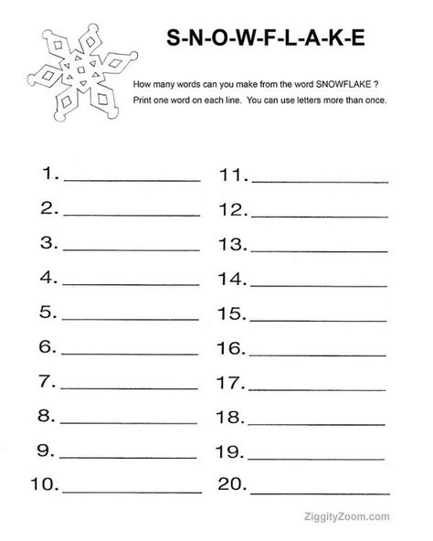 Printable winter worksheet for home or classroom. See how many words the kids can make from using the word Snowflake. Homeschool January Activities, Winter Holiday Worksheets 5th Grade, Snowflake Writing Activity, Winter Handwriting Activities, Snowflake Bentley Activities Free, Christmas Activity Worksheets For Kids, Coteaching Models, Winter Printables Free For Kids, Christmas Activity Sheets Free Printable